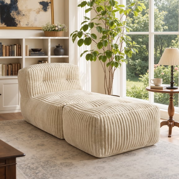 Ovios Chaise Lounge Chair Indoor with Ottoman, 59"L High-Density Foam Cloud Floor Sofa Chair, Beige