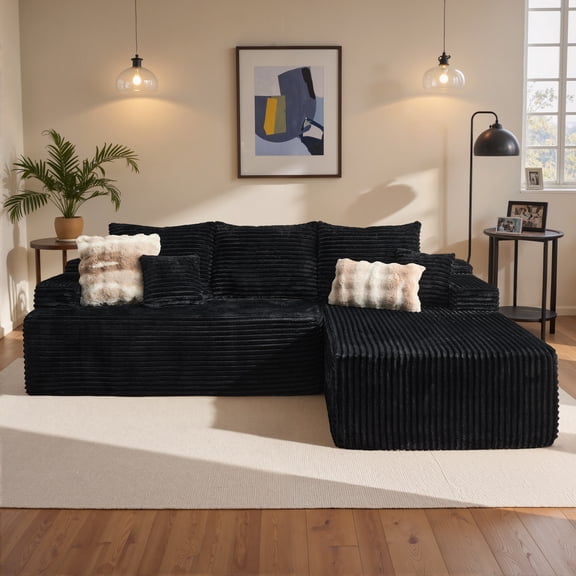 Ovios Corduroy L-Shaped Sectional Sofa with Chaise, No Assembly Required, Modular Comfy Couch, Black(Right Facing Chaise)