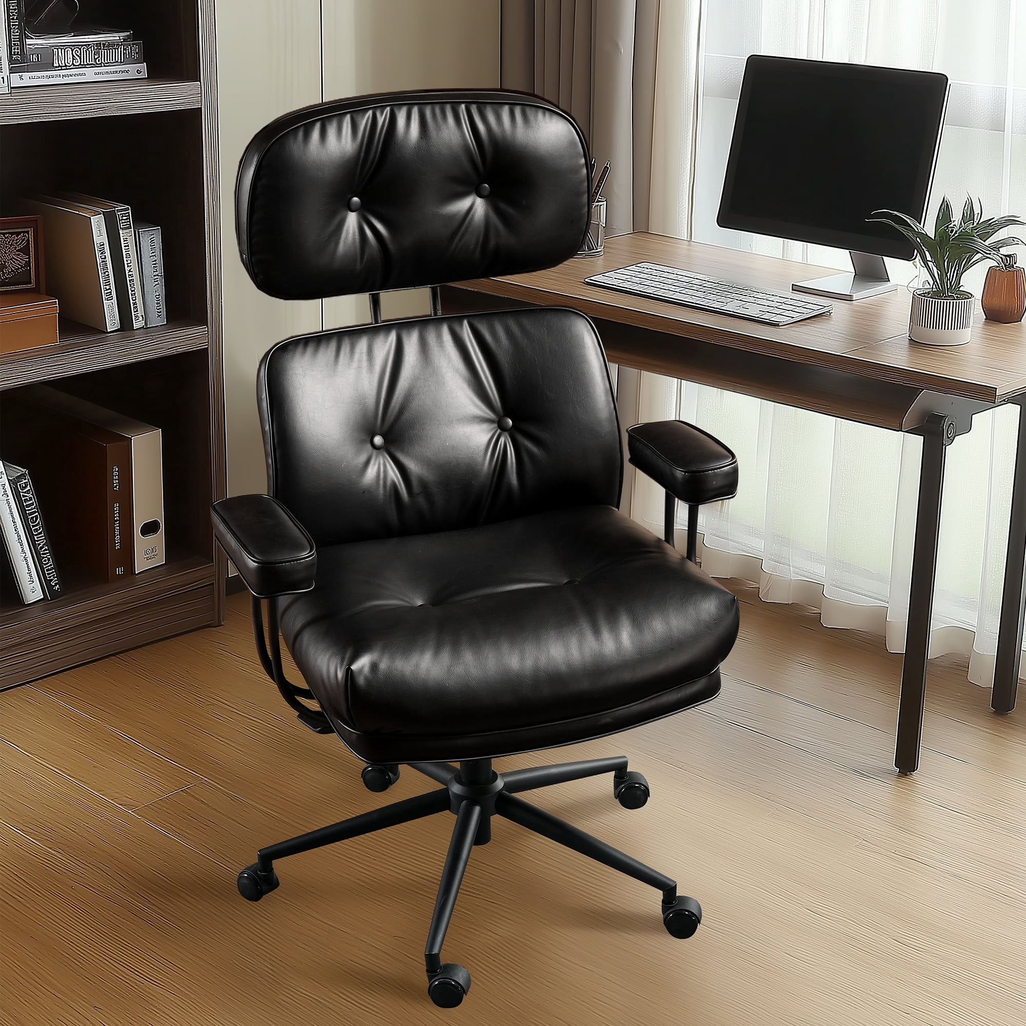 Ovios PU Leather Office Chair High Back Ergonomic Desk Chair with Lumbar Support Mid-Century Executive Computer Chair with Wheels for Home Office, Black