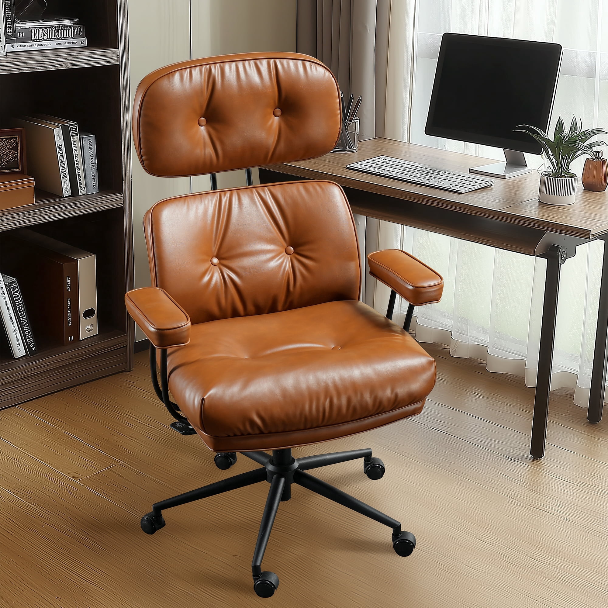 Ovios PU Leather Office Chair High Back Ergonomic Desk Chair with Lumbar Support Mid-Century Executive Computer Chair with Wheels for Home Office, Brown