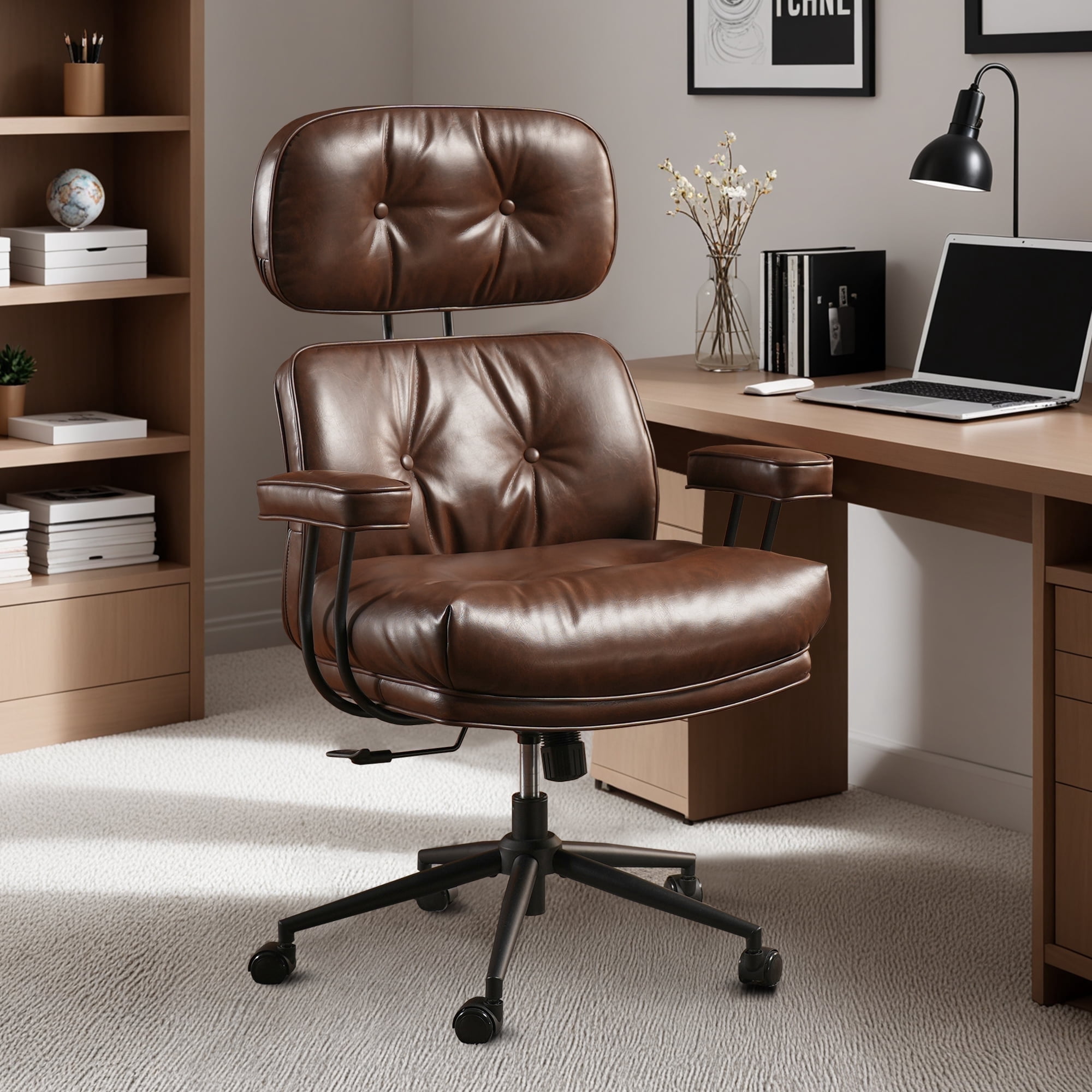 Ovios PU Leather Office Chair High Back Ergonomic Desk Chair with Lumbar Support Mid-Century Executive Computer Chair with Wheels for Home Office, Dark Brown