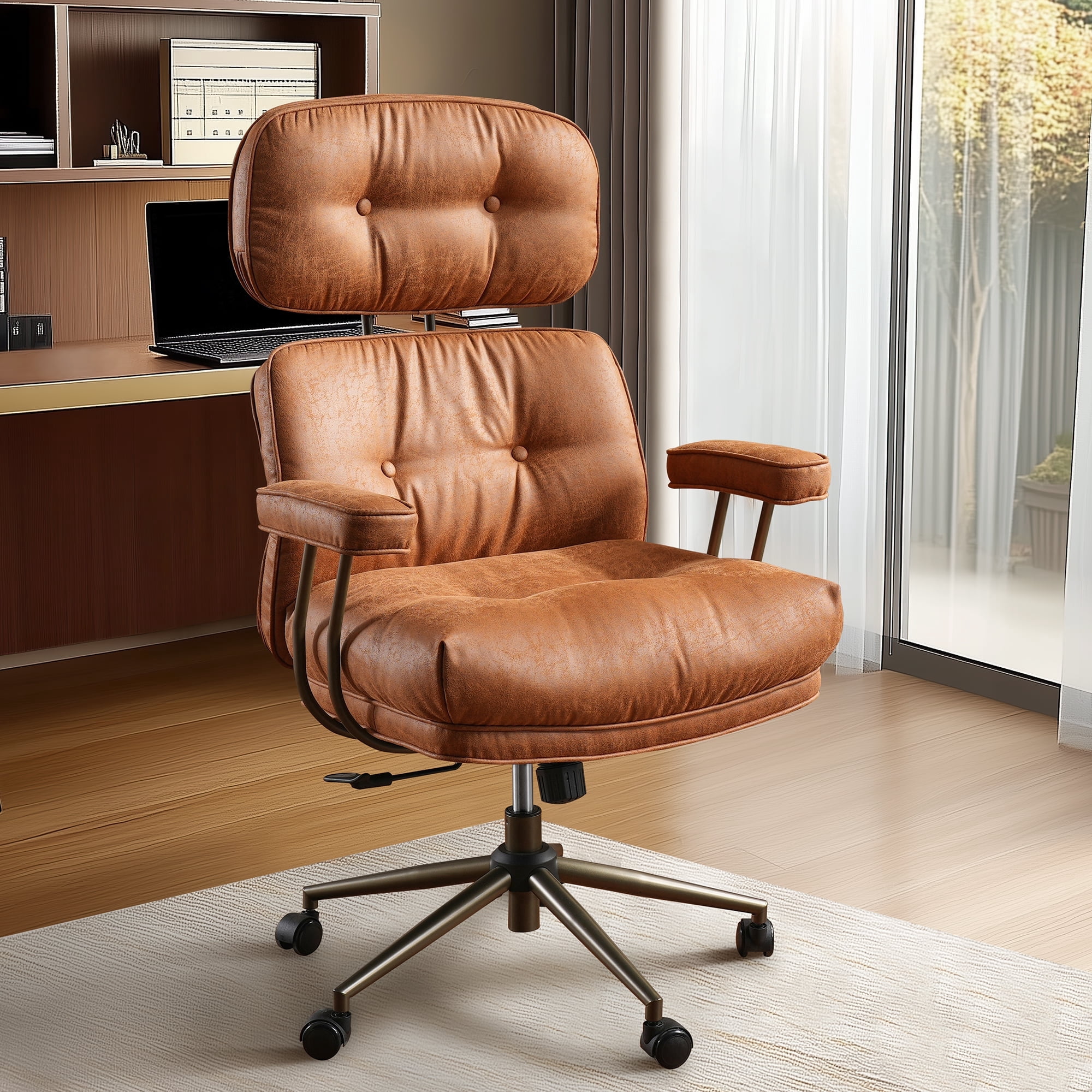 Ovios Suede Leather Office Chair High Back Ergonomic Desk Chair with Lumbar Support Mid-Century Executive Computer Chair with Wheels for Home Office, Brown