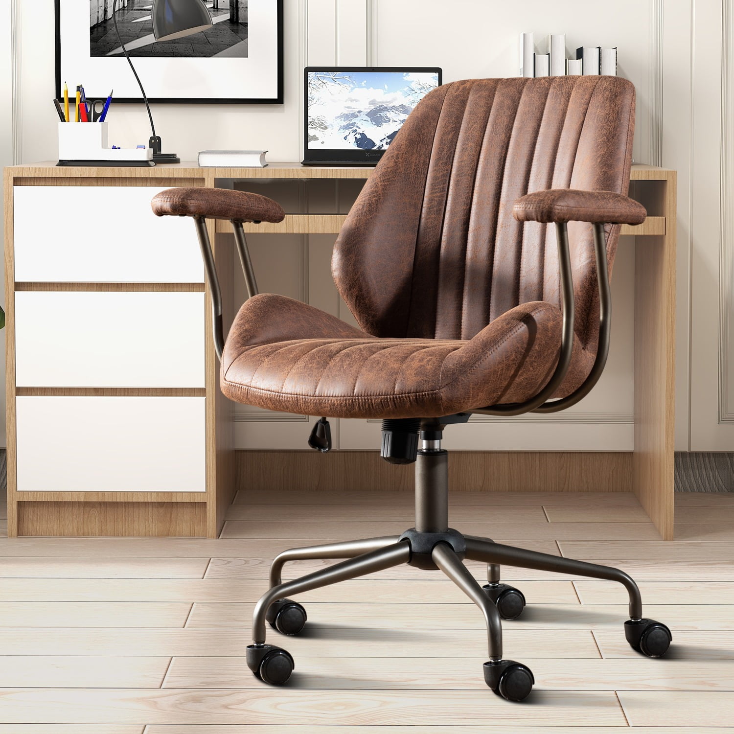 OL Dark Brown Suede Fabric Ergonomic Swivel Office Chair Task Chair with  Recliner High Back Lumbar Support