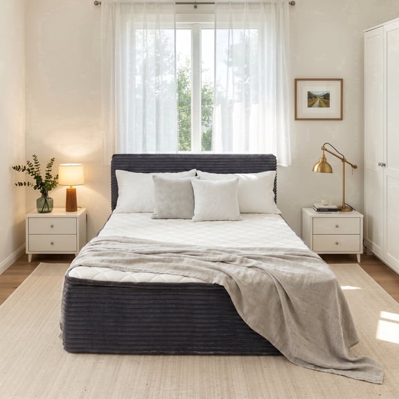 Ovios Full Boneless Bed with Frame Mattress & Headboard, 16.7" Medium Firm Memory Foam Mattress, Plush Corduroy Cloud Upholstered Platform Bed, No Assembly, Grey