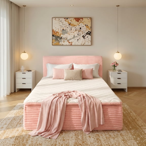 Ovios Full Bed with Mattress and Headboard, All-in-One Cloud Upholstered Bed Set in a Box, No Assembly Required, Pink