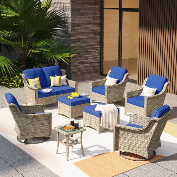 Ovios High-Back Outdoor Furniture 8 Pieces Gray Wicker Patio Conversation Set with Rocking Swivel Chairs for Backyard