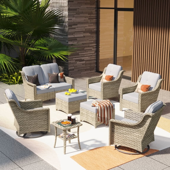 Ovios High-Back Outdoor Furniture 8 Pieces Gray Wicker Patio Conversation Set with Rocking Swivel Chairs for Backyard