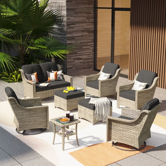 Ovios High-Back Outdoor Furniture 8 Pieces Gray Wicker Patio Conversation Set with Rocking Swivel Chairs for Backyard