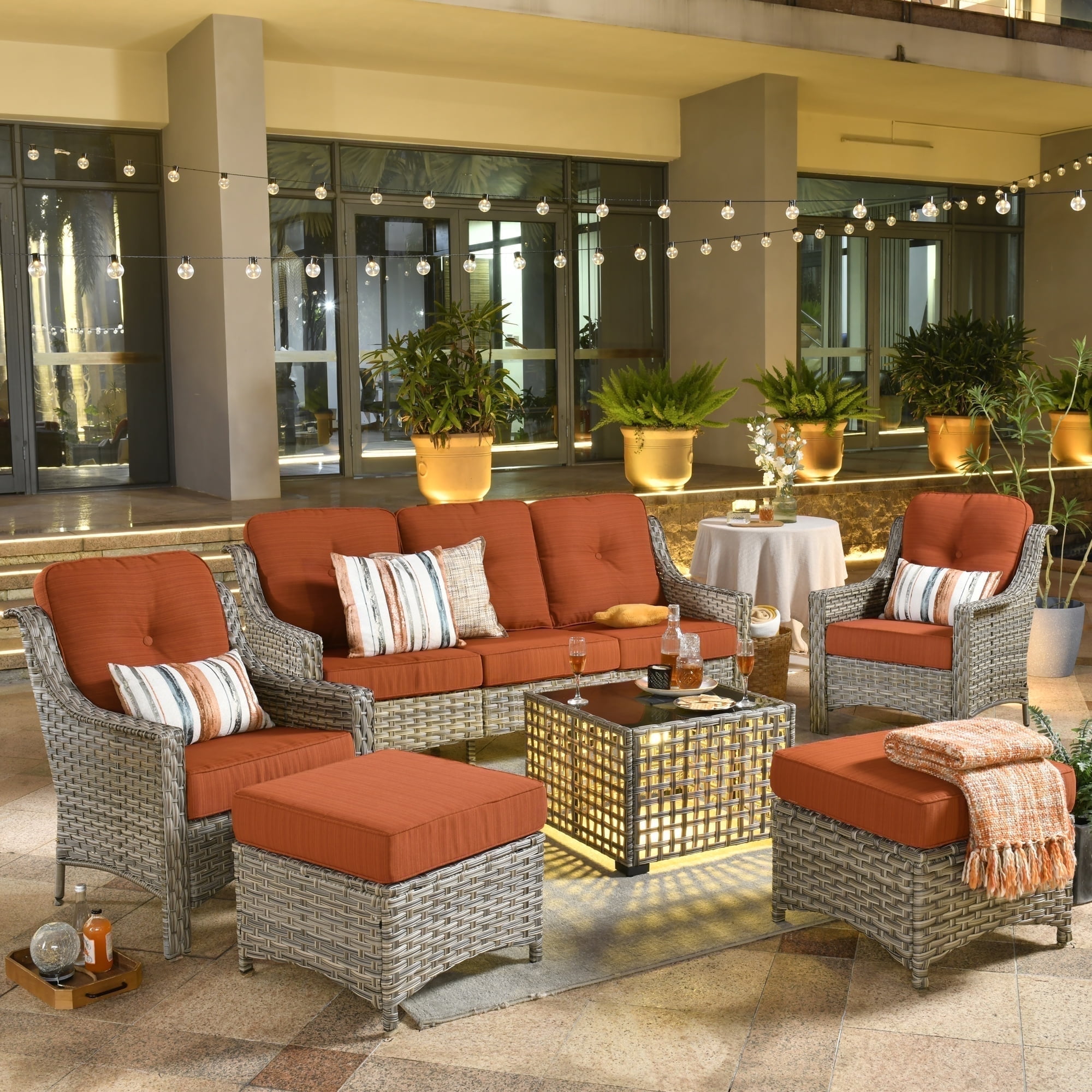 Ovios 6 Pieces Rattan Patio Furniture Set All Weather Wicker High Back Outdoor Conversation Set with Solar Powered Glowing Coffee Table for Garden