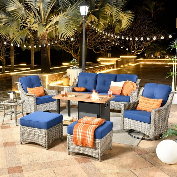 Ovios 7 Piece Stainless Steel Outdoor Patio Bar Set with Fire Pit Table, Gray/Navy Blue