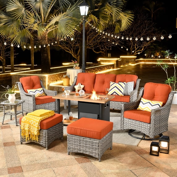 Ovios High-Back Outdoor Patio Furniture with Fire Pit 7 Pieces All Weather Wicker Conversation Furniture with Rocking Swivel Chair for Backyard