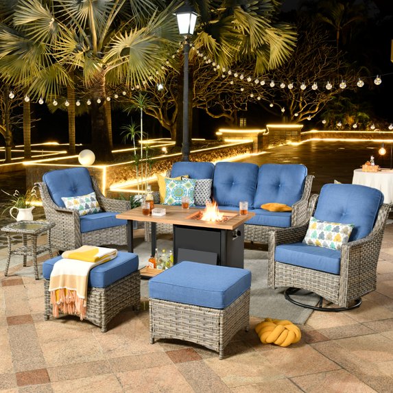Ovios High-Back Outdoor Patio Furniture with Fire Pit 7 Pieces All Weather Wicker Conversation Furniture with Rocking Swivel Chair for Backyard