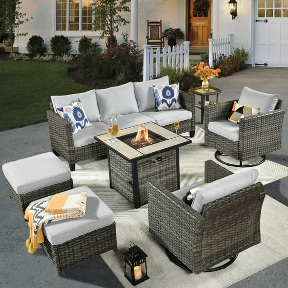 Ovios 7 Pieces Outdoor Furniture with 50,000 BTU Fire Pit Table All Weather Wicker Patio Conversation Set with Swivel Rocker