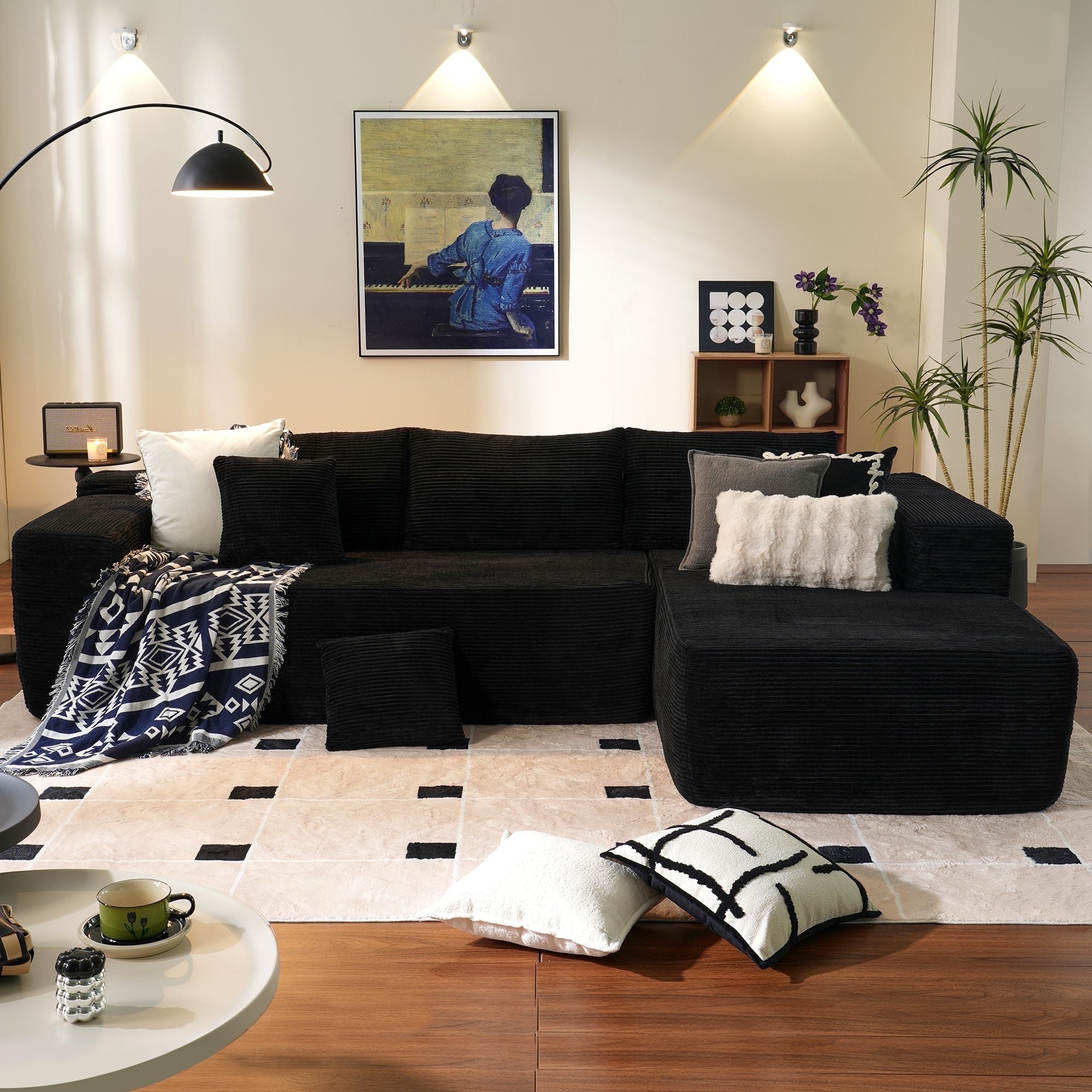 Ovios 106" Cloud Sofa Couch No Assembly Boneless Deep Seat Sofa for Living Room, Black (Corduroy)