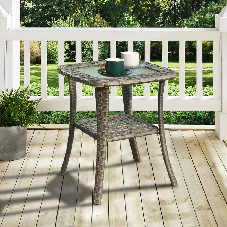 Ovios Outdoor Coffee Table Wicker Patio Furniture Rattan Side Tea Tables with Glass Top Backyard Decor Gray