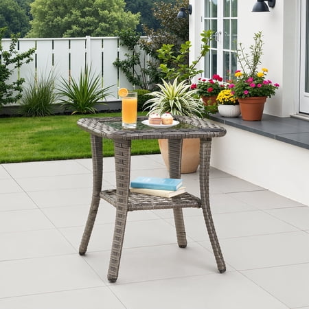 Ovios Outdoor Coffee Table Wicker Patio Furniture Rattan Side Tea Tables with Glass Top Backyard Decor
