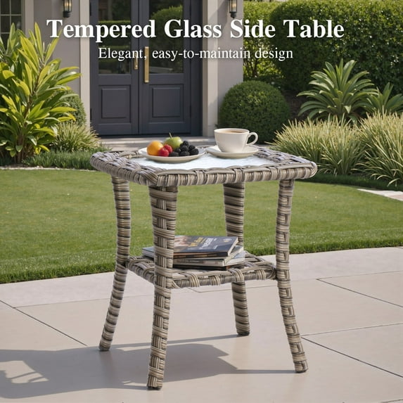 Ovios Outdoor Coffee Table Wicker Patio Furniture Set Rattan Side Tea Tables with Glass Top for Backyard