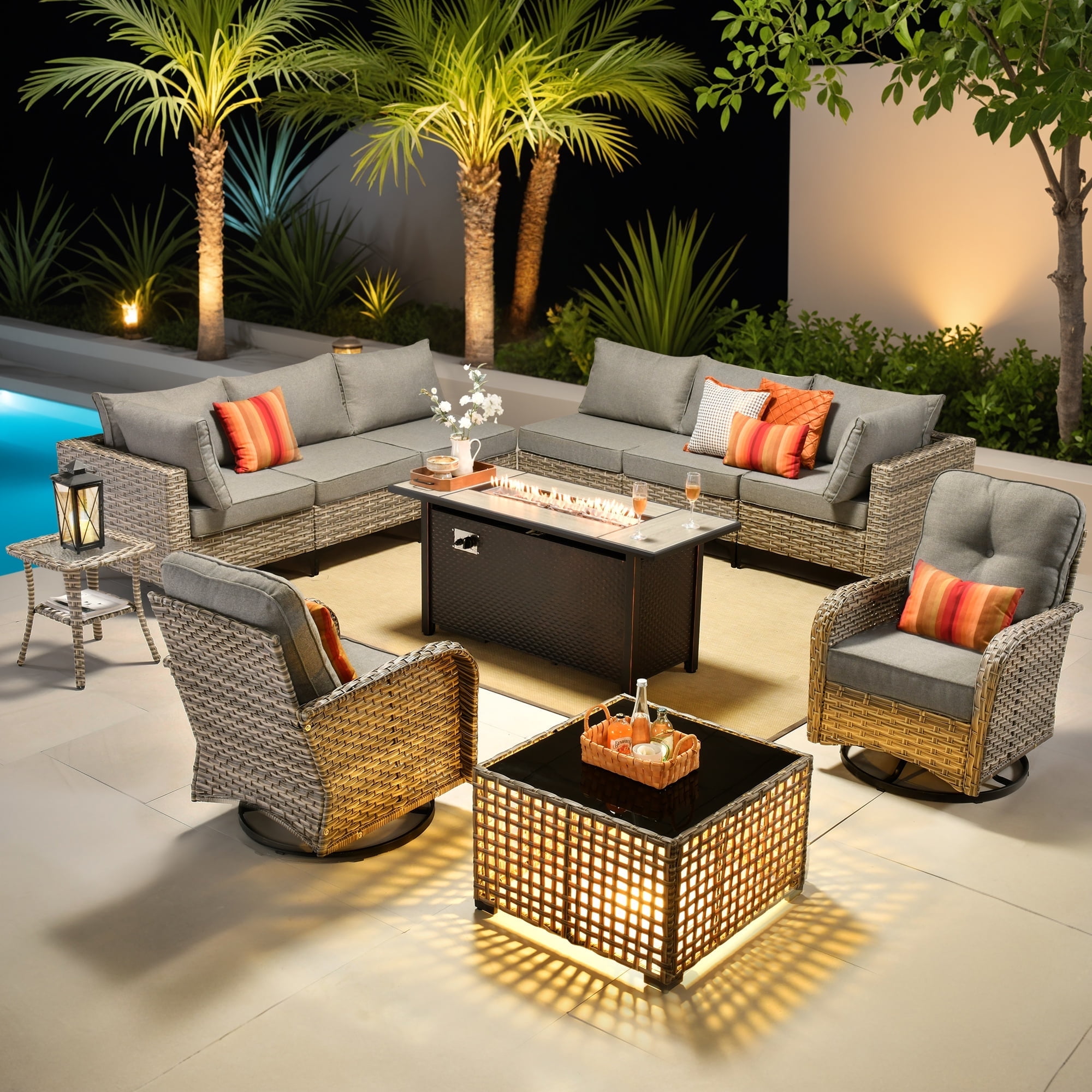 Ovios 11 Pieces Patio Outdoor Furniture Conversation Set with 54" Fire Pit Wicker Outdoor Sectional with Swivel Chair & Solar-Powered Table