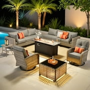 Ovios 11 Pieces Patio Outdoor Furniture Conversation Set with 54" Fire Pit Wicker Outdoor Sectional with Swivel Chair & Solar-Powered Table