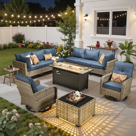 Ovios 11 Pieces Patio Furniture Set All-Weather Wicker Outdoor Sectional with 54" Fire Pit, Swivel Chairs & Solar Table