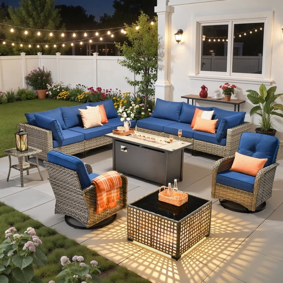 Ovios 11 Pieces Patio Furniture Set All-Weather Wicker Outdoor Sectional with 54" Fire Pit, Swivel Chairs & Solar Table