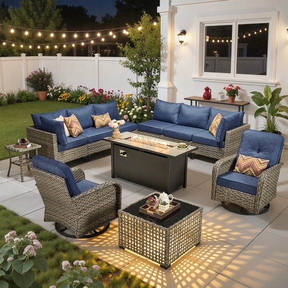 Ovios 11 Pieces Patio Furniture Set All-Weather Wicker Outdoor Sectional with 54" Fire Pit, Swivel Chairs & Solar Table