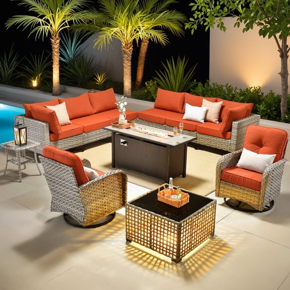 Ovios 11 Pieces Patio Furniture Set All-Weather Wicker Outdoor Sectional with 54" Fire Pit, Swivel Chairs & Solar Table