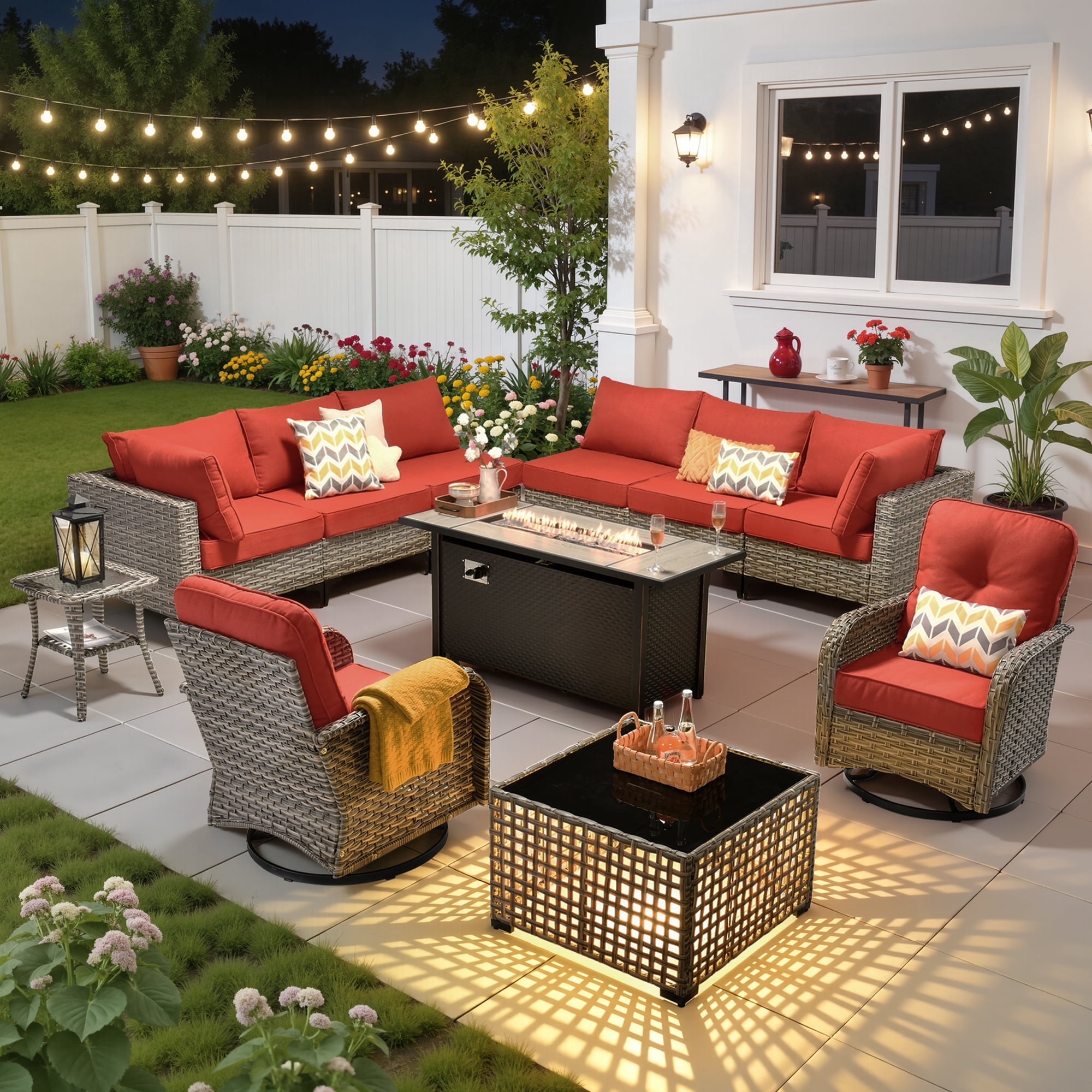 Ovios 11 Pieces Patio Furniture Set All-Weather Wicker Outdoor Sectional with 54" Fire Pit, Swivel Chairs & Solar Table