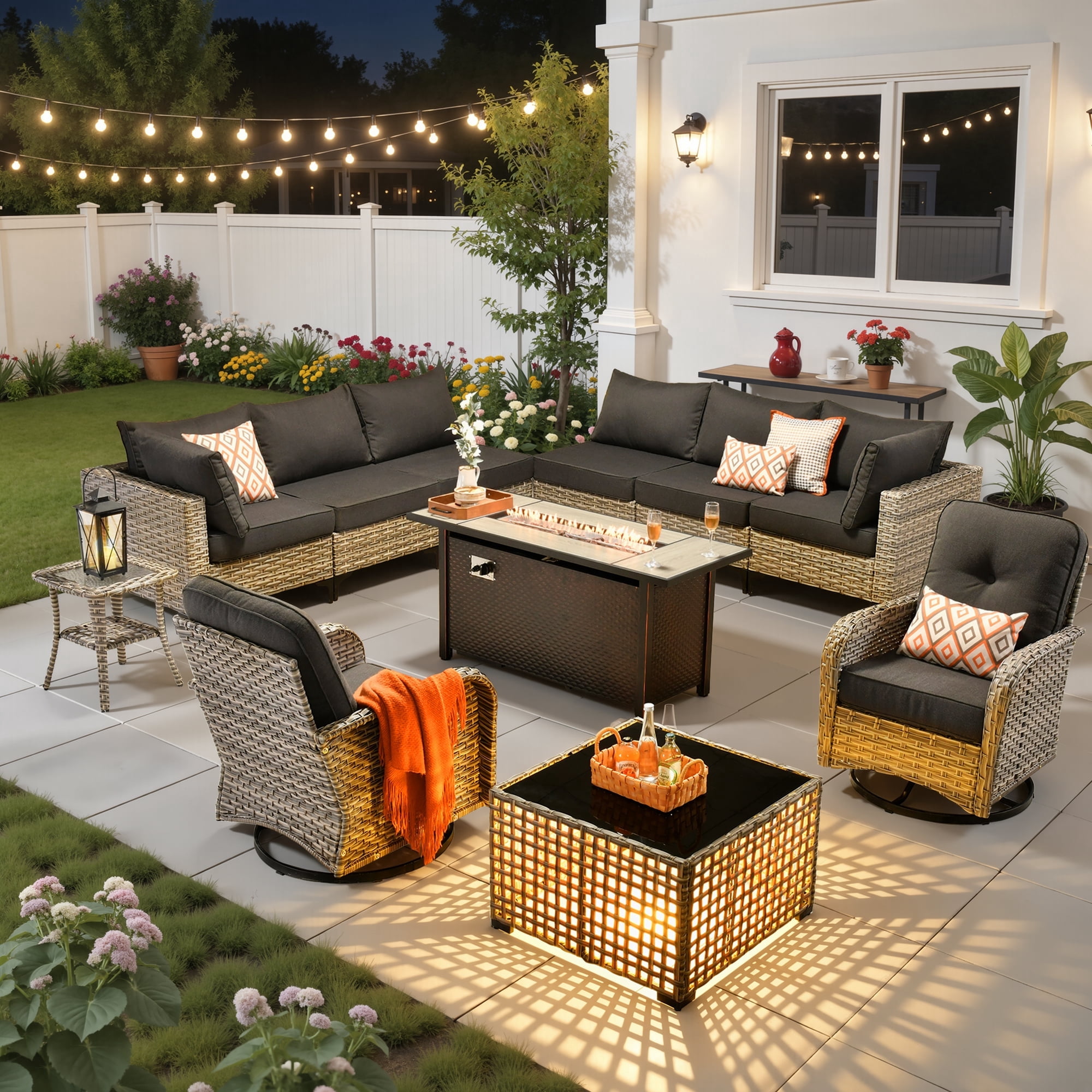 Ovios 11 Pieces Patio Furniture Set All-Weather Wicker Outdoor Sectional with 54" Fire Pit, Swivel Chairs & Solar Table