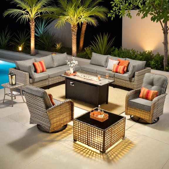 Ovios 11 Pieces Patio Furniture Set All-Weather Wicker Outdoor Sectional with 54" Fire Pit, Swivel Chairs & Solar Table