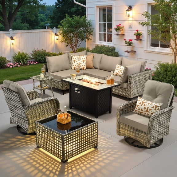 Ovios Outdoor Patio Furniture with Fire Pit Table, 9 Pieces Wicker Sectional Conversation Set with 2 Swivel Rocking Chairs & Solar Coffee Table, Beige