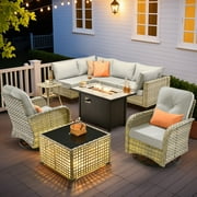 Ovios Outdoor Furniture 9 Pieces Patio Conversation Set with 42" Gas Fire Pit All-Weather Rattan Wicker Outdoor Sectionals with Swivel Gliding Chair and Solar Glowing Table for Backyard