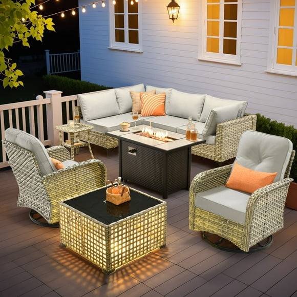 Ovios Outdoor Furniture 9 Pieces Patio Conversation Set with 42" Gas Fire Pit All-Weather Rattan Wicker Outdoor Sectionals with Swivel Gliding Chair and Solar Glowing Table for Backyard