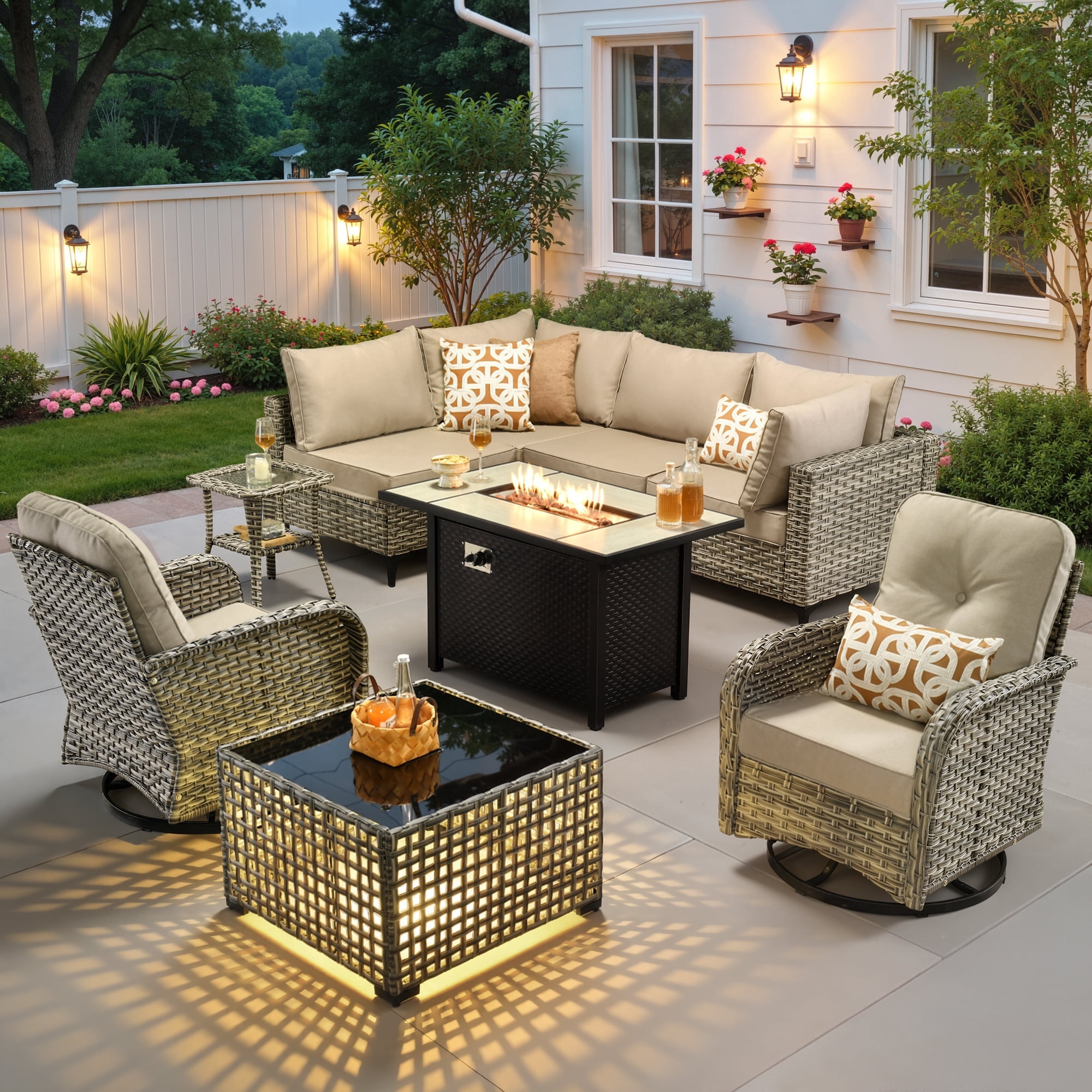 Ovios Outdoor Patio Furniture Set 9 Pieces Rattan Wicker Sectional with 42" Gas Fire Pit, Swivel Chairs, Solar Table, Beige