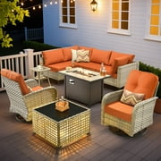 Ovios Outdoor Furniture 9 Pieces Patio Conversation Set with 42" Gas Fire Pit All-Weather Rattan Wicker Outdoor Sectionals with Swivel Gliding Chair and Solar Glowing Table for Backyard