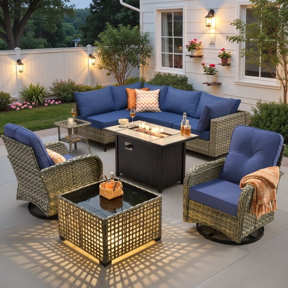 Ovios Outdoor Patio Furniture Set 9 Pieces Rattan Wicker Sectional with 42" Gas Fire Pit, Swivel Chairs, Solar Table, Navy Blue