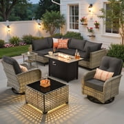Ovios Outdoor Patio Furniture Set 9 Pieces Rattan Wicker Sectional with 42" Gas Fire Pit, Swivel Chairs, Solar Table, Black