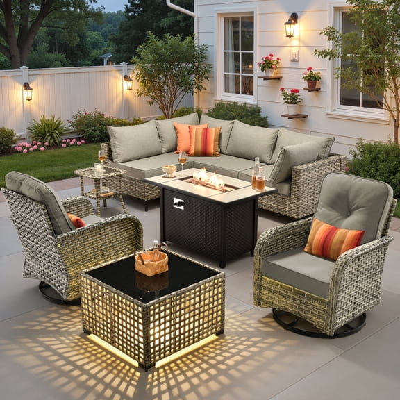 Ovios Outdoor Patio Furniture Set 9 Pieces Rattan Wicker Sectional with 42" Gas Fire Pit, Swivel Chairs, Solar Table, Dark Gray