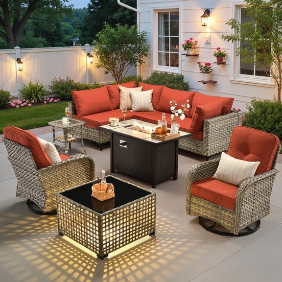 Ovios Outdoor Patio Furniture Set 9 Pieces Rattan Wicker Sectional with 42" Gas Fire Pit, Swivel Chairs, Solar Table, Orange Red