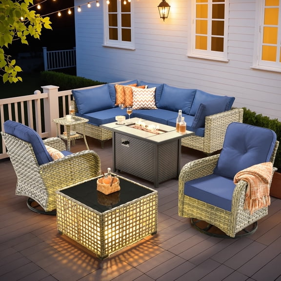 Ovios Outdoor Patio Furniture Set 9 Pieces Rattan Wicker Sectional with 42" Gas Fire Pit, Swivel Chairs, Solar Table, Navy Blue