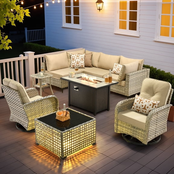 Ovios Outdoor Patio Furniture Set 9 Pieces Rattan Wicker Sectional with 42" Gas Fire Pit, Swivel Chairs, Solar Table, Beige