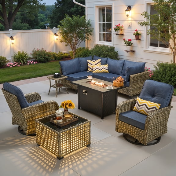 Ovios Outdoor Patio Furniture Set 9 Pieces Rattan Wicker Sectional with 42" Gas Fire Pit, Swivel Chairs, Solar Table, Denim Blue