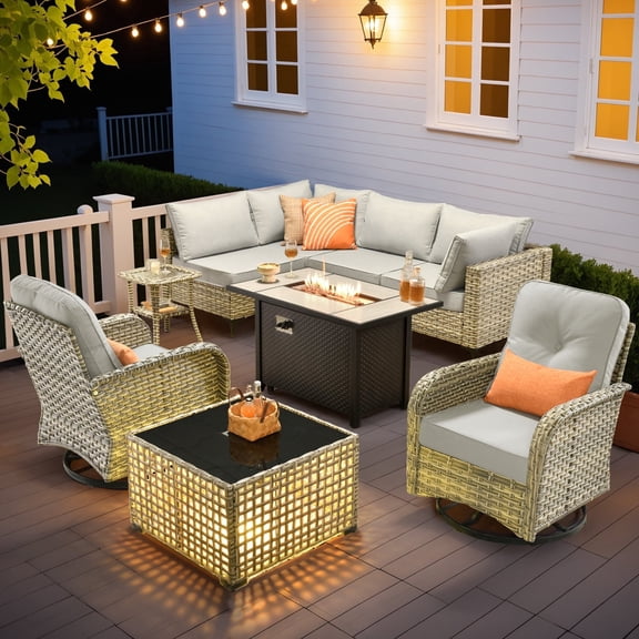 Ovios Outdoor Patio Furniture Set 9 Pieces Rattan Wicker Sectional with 42" Gas Fire Pit, Swivel Chairs, Solar Table, Gray