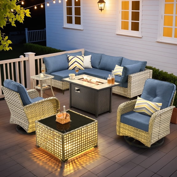 Ovios Outdoor Patio Furniture Set 9 Pieces Rattan Wicker Sectional with 42" Gas Fire Pit, Swivel Chairs, Solar Table, Denim Blue