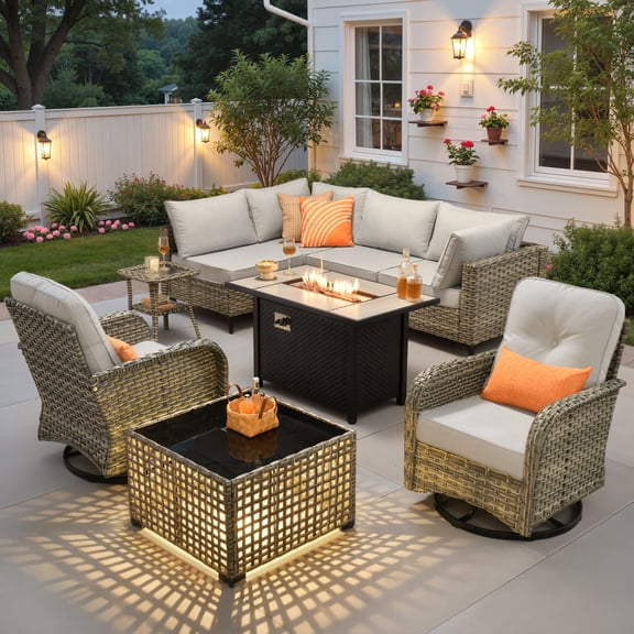 Ovios Outdoor Patio Furniture Set 9 Pieces Rattan Wicker Sectional with 42" Gas Fire Pit, Swivel Chairs, Solar Table, Gray