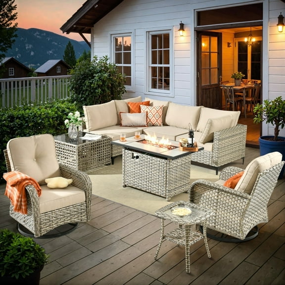 Ovios Outdoor Furniture 9 Pieces Patio Conversation Set with 42" Gas Fire Pit All-Weather Rattan Wicker Outdoor Sectionals with Swivel Gliding Chair and Solar Glowing Table for Backyard