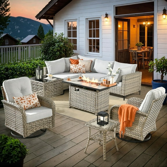 Ovios Outdoor Furniture 9 Pieces Patio Conversation Set with 42" Gas Fire Pit All-Weather Rattan Wicker Outdoor Sectionals with Swivel Gliding Chair and Solar Glowing Table for Backyard
