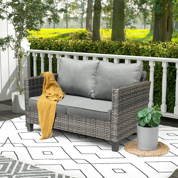 Ovios All-Weather Wicker Outdoor Loveseat Sofa with Cushions, Dark Grey