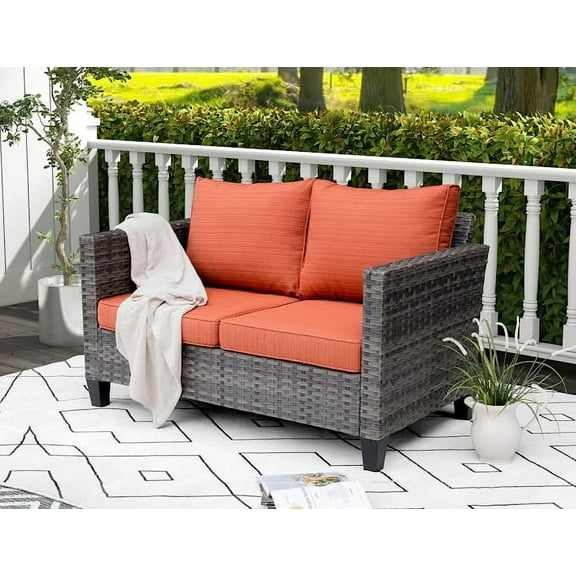 Ovios Outdoor Love Seat All-Weather Wicker Rattan Sofa with Cushions for Gardens & Patios