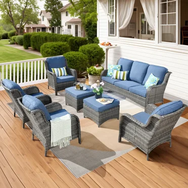 Ovios Outdoor Patio Furniture 7 Piece All Weather Wicker Outdoor Sectional Sofa Couch Modern High Back Patio Conversation Set with Ottoman for Balcony